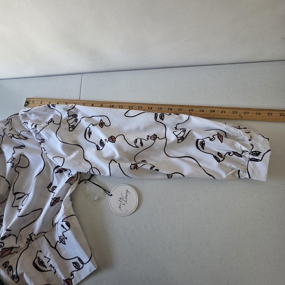 Milk & Honey Tie Neck Shirt XL Faces Print Button-up Top Long Sleeve Artsy NEW - Picture 8 of 13